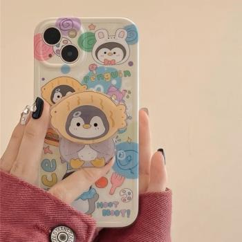 旋轉鯛魚燒支架適用蘋果15/14/15promax手機殼14pm/13mini企鵝xr卡通iPhone 11新款XR全包658女生SE3矽膠可愛