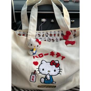 HelloKitty可愛刺繡帆布手提單肩包大容量便攜式外出購物袋托特包
