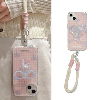 手提夏天藍蝴蝶結適用蘋果15PRO/12手機殼14pm/13mini韓風xs max小清新iPhone 11新款XR夏天658plus掛繩SE3女
