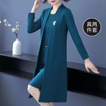 春秋季兩件式套裝女中老年40歲中老年人媽媽裝洋裝洋派長裙外套女