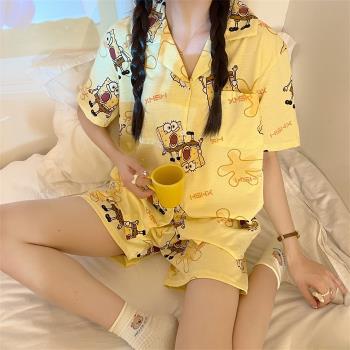 夏季純棉睡衣女短袖短褲薄款韓版ins風可愛卡通學生兩件套家居服