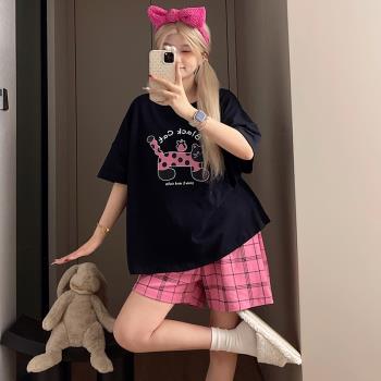 春秋季甜美可愛草莓貓咪短袖短褲睡衣女生新款純棉夏天家居服套裝