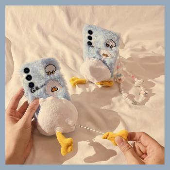卡通刺繡鴨子適用三星s25ultra手機殼s25+立體s25plus屁股s25fe旋轉s24ultra帶手繩s23+十galaxy秋冬毛絨冬天