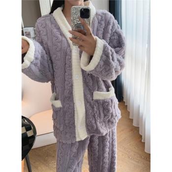 睡衣女秋冬珊瑚絨睡衣加厚保暖寬松口袋款月子服可外穿家居服套裝