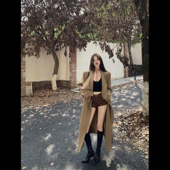 復古黑色大翻領風衣外套女秋季高階感收腰綁帶中長款氣質過膝大衣
