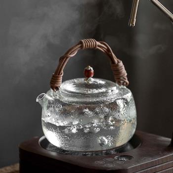 日式玻璃煮茶壺電陶爐燒水壺耐熱天然藤編玻璃提樑壺功夫茶具