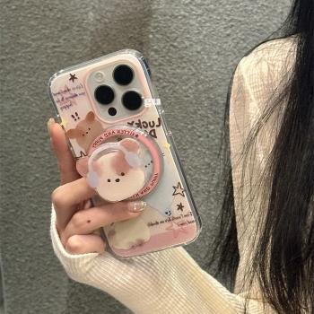 可愛磁吸戴耳機貓咪支架適用三星S23手機殼S20fe創意Note20卡通S10+小眾9矽膠ultra軟殼S22女S23保護套S21/A5