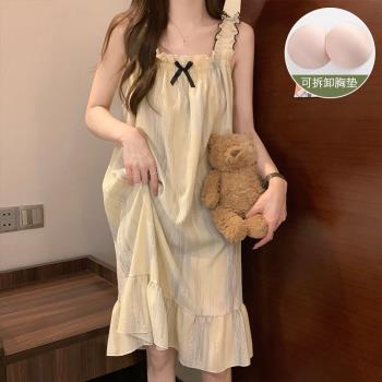 帶胸墊吊帶睡衣裙女夏季無袖2023年新款網紅ins風純欲風睡裙過膝