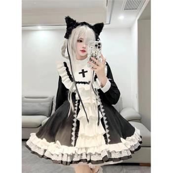 黑白哥特修女風lolita狗短連衣裙洋裝洛麗塔甜酷蓬蓬重工公主裙