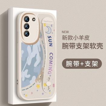 適用三星s21ultra手機殼s21fe小羊皮矽膠軟殼新款s21+星球小熊s21腕帶支架保護套Galaxy女款簡約全包防摔外殼