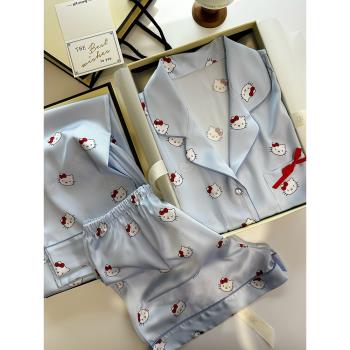 藍色hellokitty睡衣女春秋夏季長袖冰絲短袖三件套甜美絲綢家居服