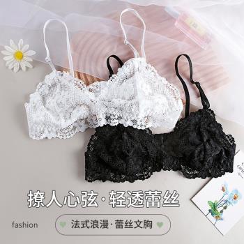 法式性感超薄蕾絲文胸套裝性感美背無鋼圈三角杯內衣女小胸聚攏