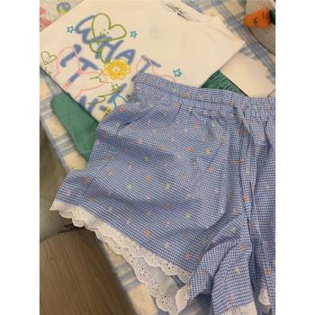 韓版彩色波點蕾絲花邊睡褲女夏季新款高腰短褲寬松大碼褲子可外穿