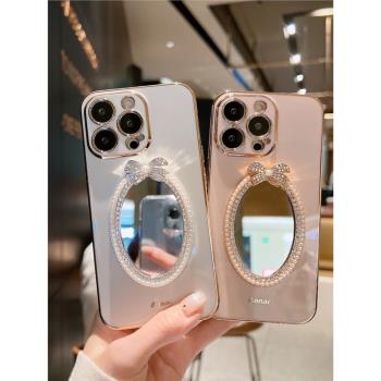 適用蘋果15 14promax手機殼復古赫本風珍珠iPhone11 12直邊電鍍13pro高階感xs 8/7/6P蝴蝶結補妝鏡軟殼