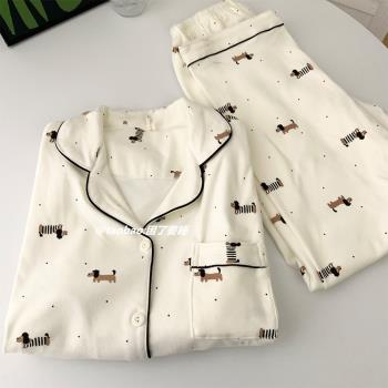 韓系波點德絨睡衣女秋冬季ins臘腸狗可愛保暖薄絨翻領家居服套裝