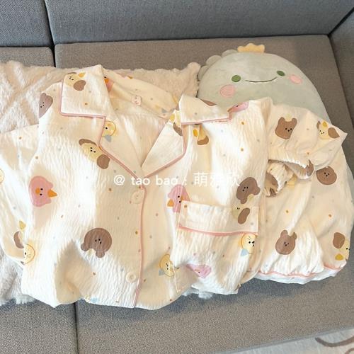 可愛小狗睡衣女款春秋夏季云朵棉短袖短褲套裝卡通開衫薄款家居服