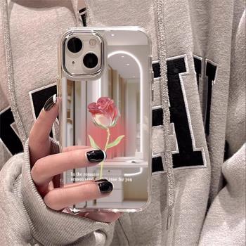 適用蘋果14promax手機殼鏡面新款iPhone15的套女全包高級感16max小眾8plus矽膠防摔13外12帶鏡子黑粉鬱金香xr