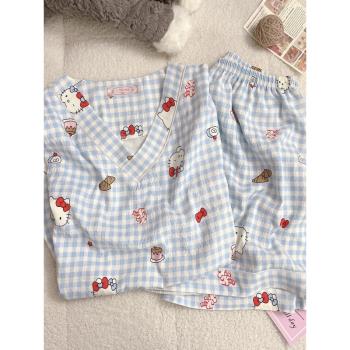 夏季格子HelloKitty睡衣女款純棉紗布夏天短袖短褲可愛外穿家居服