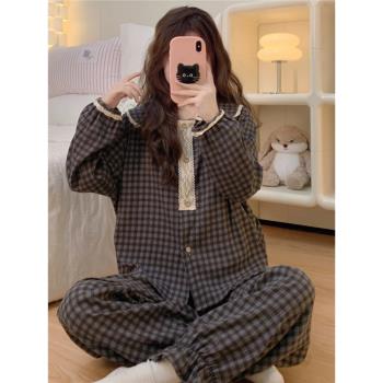 睡衣女春秋季2024新款長袖雲朵棉公主風娃娃領格子夏天套裝家居服
