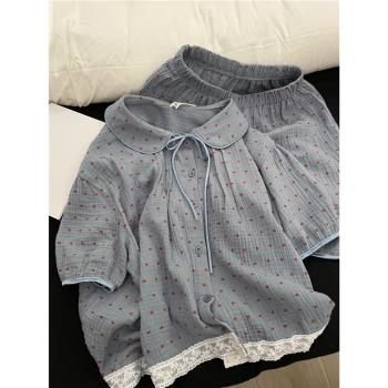 Sin Glee 韓系波點雙層棉紗短袖睡衣女夏季可外穿娃娃領家居服裝