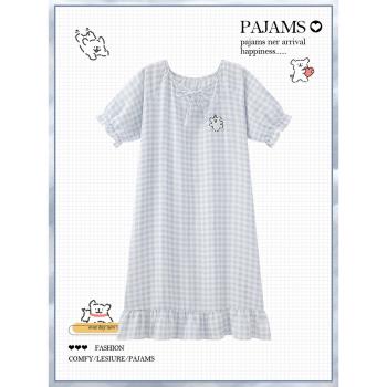 格子小狗睡裙女夏季純棉短袖日系ins學生長款睡衣夏天棉紗家居服