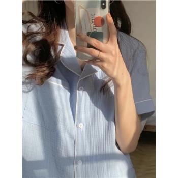 韓國ins日系小清新柔軟棉麻紗布睡衣女夏季短袖可愛兩件套家居服