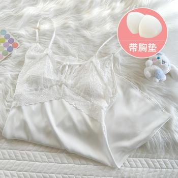吊帶睡裙女夏季冰絲2025新款性感睡衣夏天女士蕾絲帶胸墊露背白色