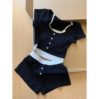 純欲甜美帶胸墊碎花短袖睡衣女春夏季新款修身短褲家居服兩件套裝