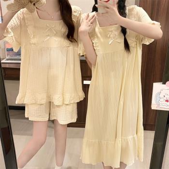 夏款2023年新睡衣女款日系短袖套裝寬松蝴蝶結清新薄款韓版家居服