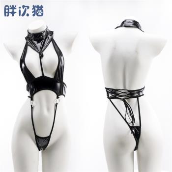 高叉漆皮亮面開胸水著 性感皮革比基尼掛脖連體皮衣睡衣內衣