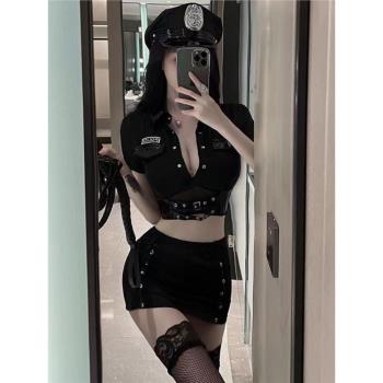 新款女友警套裝裙黑色包臀短上衣性感襯衫領睡裙