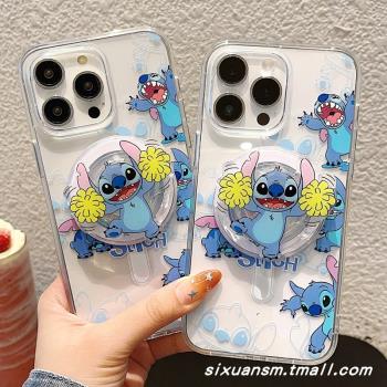 INS韓風卡通可愛史迪仔史迪奇女款14創意支架蘋果15手機殼適用iPhone16promax無線充電磁吸Magsafe透明硬殼13