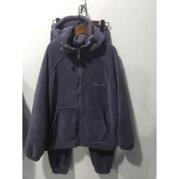 女士秋冬新款情侶款加絨加厚軟棉棉家居服套裝連帽保暖可外穿
