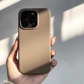 韓國ins高階感奶茶咖啡色荔枝紋軟殼適用iPhone15蘋果16promax手機殼13pro復古14純色12mini矽膠11小眾仿皮紋