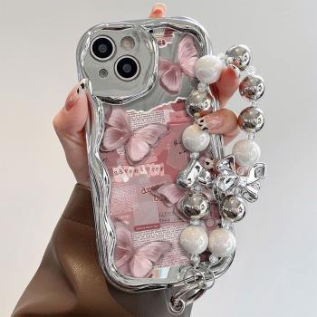 電鍍銀粉色蝴蝶適用蘋果15手機殼iPhone14新款11promax高階XR小清新13/12mini閨蜜7/8plus全包se3/2女6splus