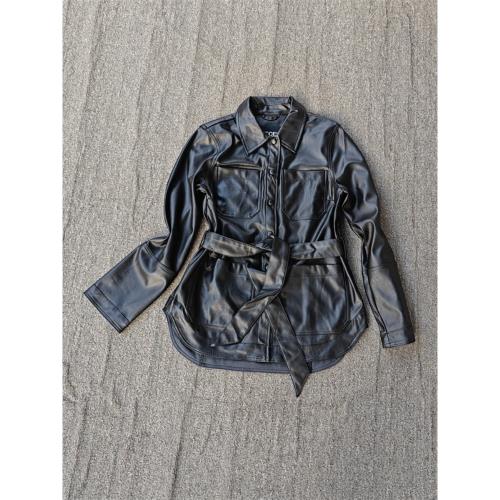 出口美單翻領PU皮夾克秋冬防風防水外套收腰系帶女帥氣襯衫式皮衣