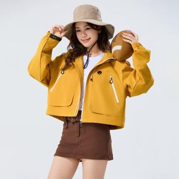 大廠訂單！春季山系戶外防風防水抽繩短款連帽沖鋒衣夾克外套男女
