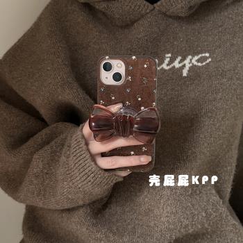 殼屁屁KPP復古棕甜美蝴蝶結碎花ins韓系14適用16pro蘋果16ProMax手機殼iPhone16/13軟15Promax半透閃粉保護套