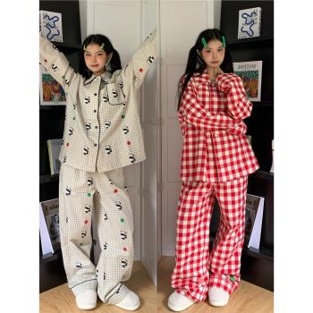 可愛熊貓格紋長袖睡衣女春秋款2025年新款網紅開衫長褲家居服套裝