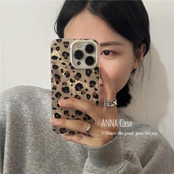 ANNACASE韓國ins風甜酷棕色豹紋錫紙紋磁吸手機殼適用於iPhone16pro新款14promax蘋果15全包12防摔保護套13女