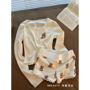 少女甜美小熊印花長袖睡衣女夏款可愛性感蕾絲邊短褲家居服可出門