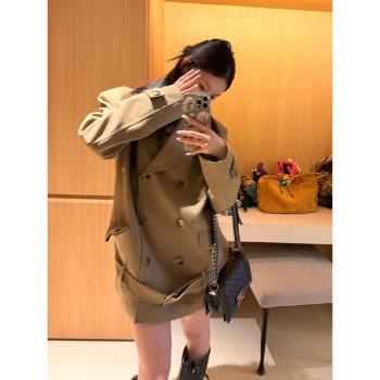 韓系復古寬松西裝外套女春季2025新款高階感氣質雙排扣中長款風衣