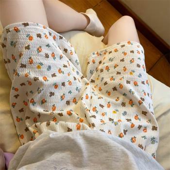 夏季碎花短褲女睡褲ins風運動高腰闊腿薄款休閑寬松居家褲遛彎褲