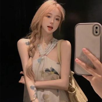 法式掛頸吊帶洋裝女夏季2025新款蝴蝶印花氣質垂感裙子性感長裙子
