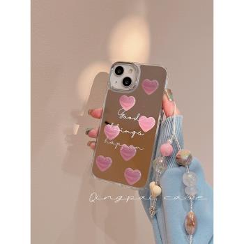 適用於蘋果iPhone15Pro手機殼新款13粉色愛心Pro鏡面殼Max女12妹甜酷網紅ins風超火補妝14全包防摔軟殼保護套