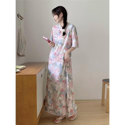 2024夏季心坎旗袍式睡裙古風國風可外穿連衣裙加長款長裙棉綢睡衣