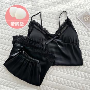 吊帶睡衣女款夏季冰絲2025新款性感絲綢v領花邊帶胸墊黑色兩件套