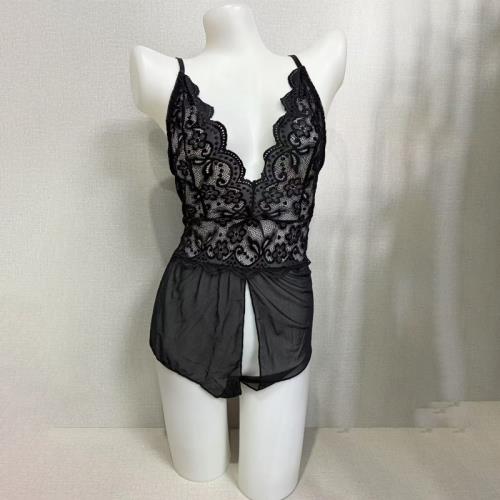 【辣款】外貿性感吊帶連體內衣女士黑色蕾絲透視底開無鋼圈90127