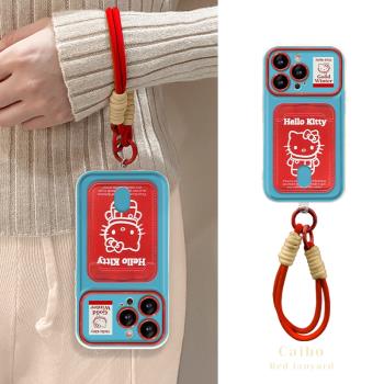 HelloKitty卡包適用蘋果13手機殼16新款iPhone15promax/14翻蓋鏡子支架11/12mini小眾xr可愛8/7plus軟矽膠xs