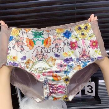 高顏值性感冰絲印花蕾絲網紗內褲女士無痕三角褲中腰少女舒適透氣